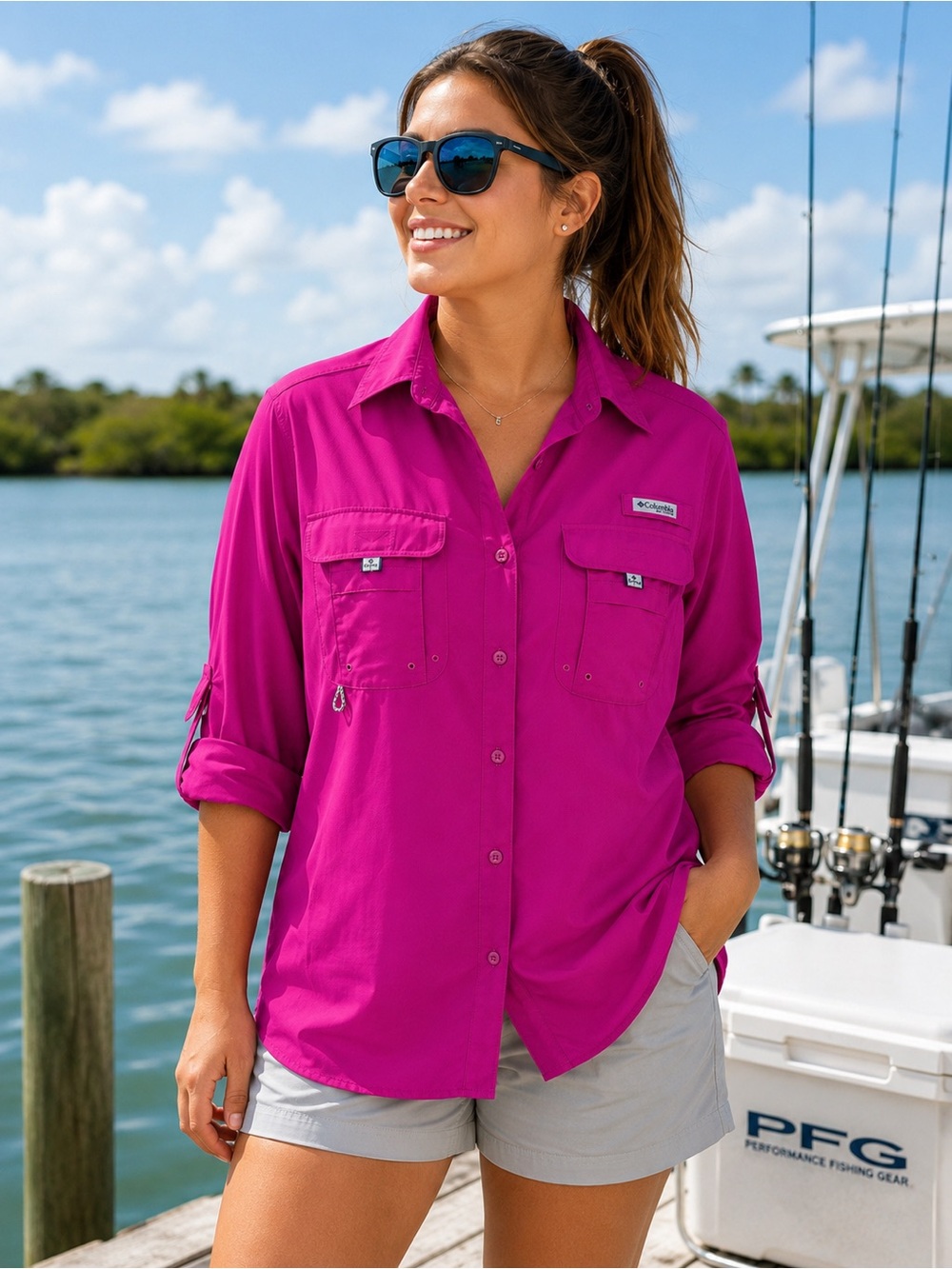 Columbia PFG Bahama II Long Sleeve Fishing Shirt in Bright Magenta